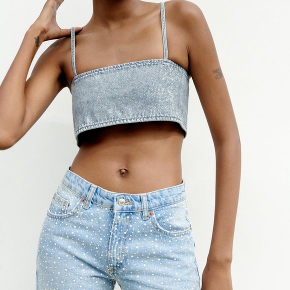 🆕 ZARA DENIM CROP TOP WITH RHINESTONES | ZARA DENIM - Picture 9 of 12